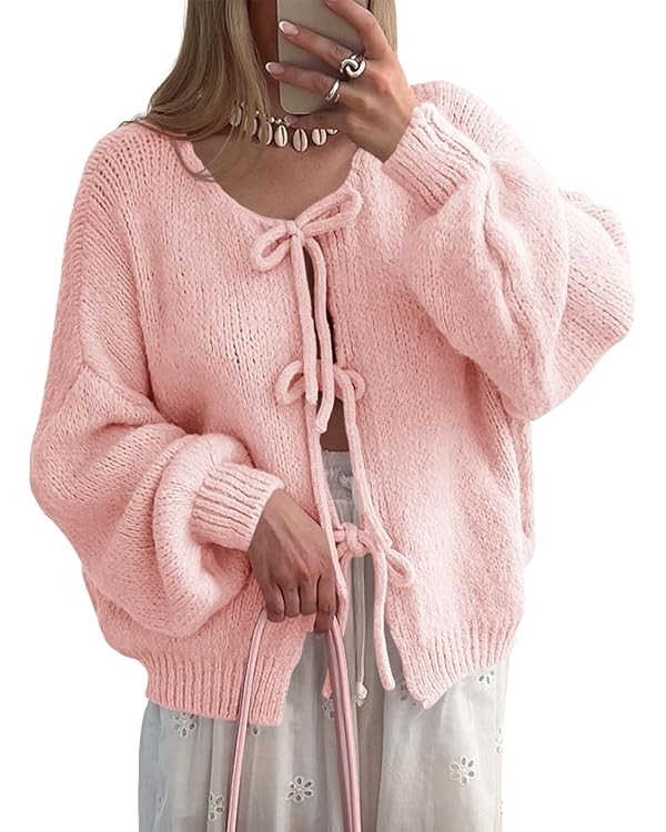 Saodimallsu Womens Tie Front Cardigan Sweaters Cute Bow Puff Long Sleeve 2024 Fall Loose Ribbed K... | Amazon (US)