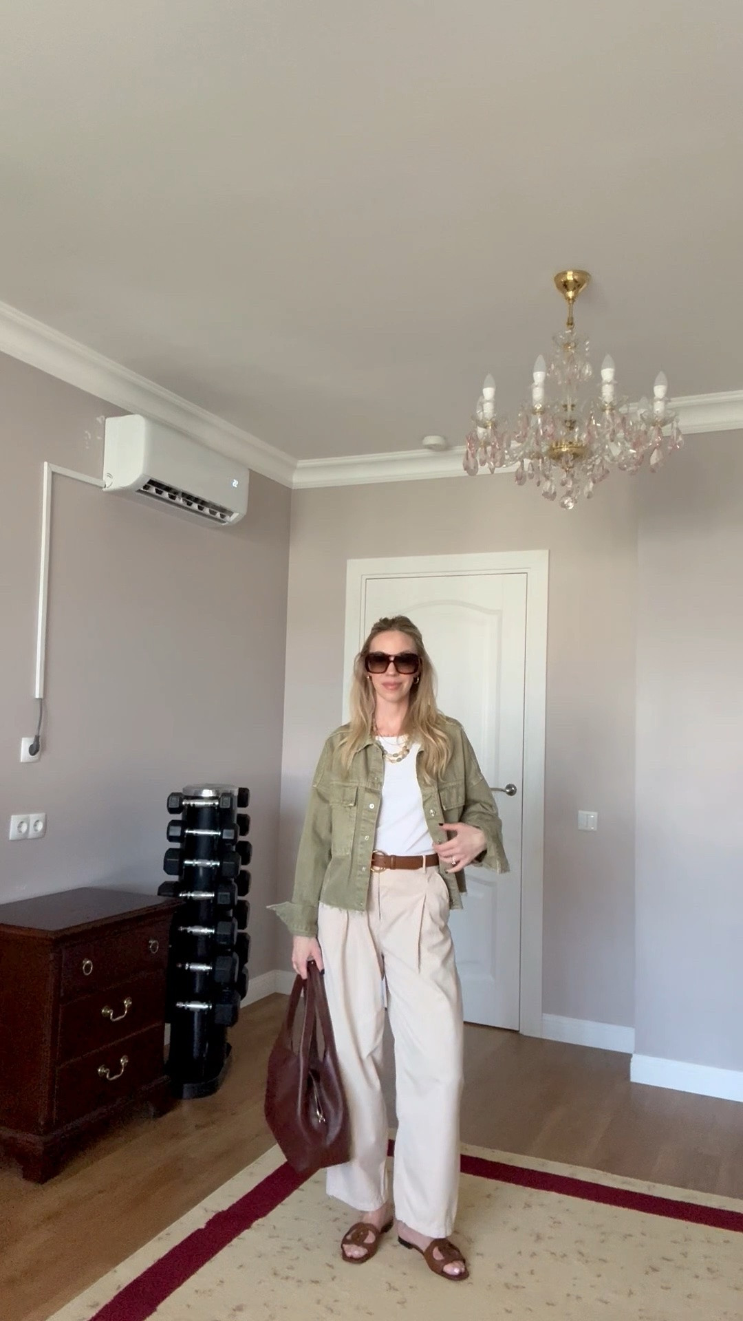 Casual summer outfit, green denim jacket, pleated cropped pants, Gucci sandals, beaded necklace, summer vacation

#LTKTravel #LTKSeasonal #LTKOver40