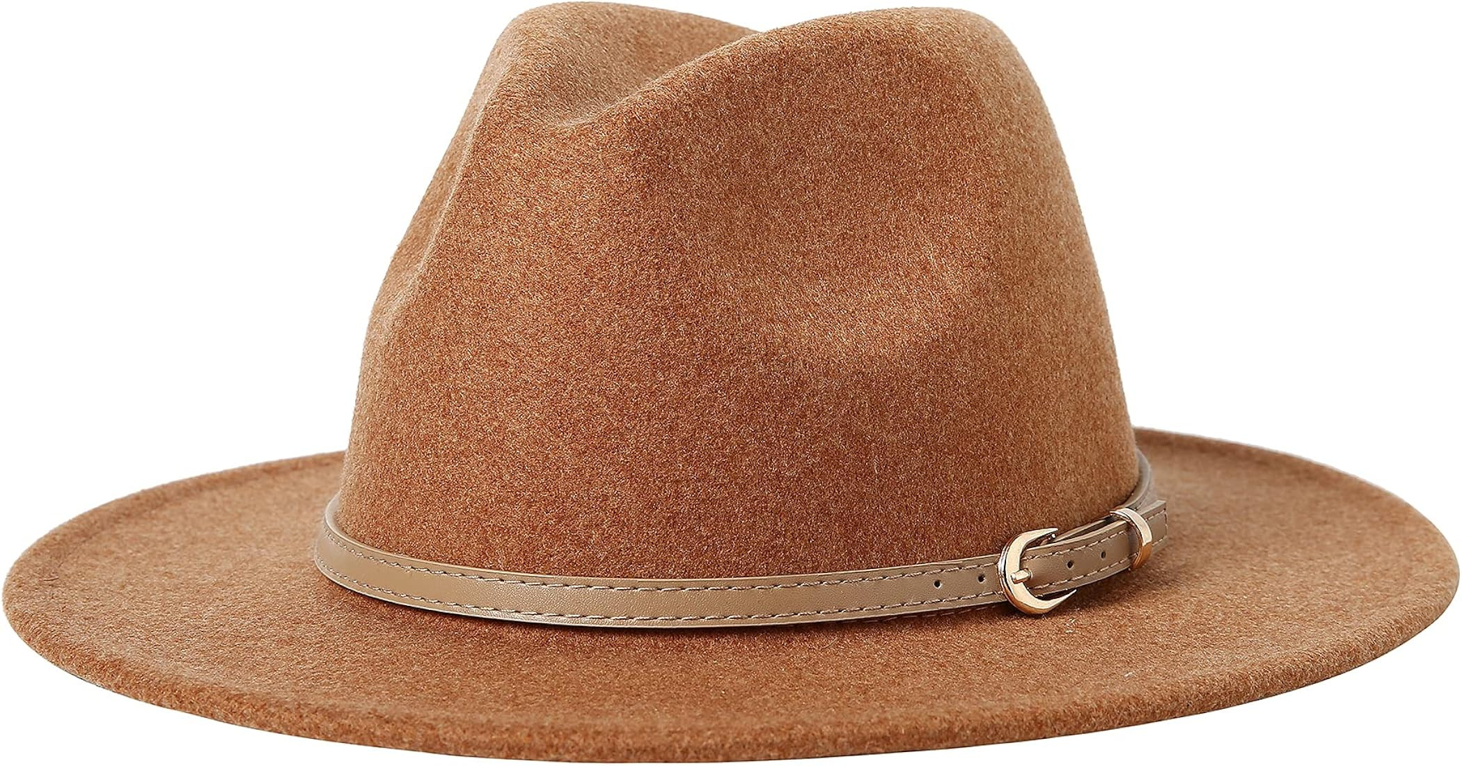 Lanzom Women Lady Classic Wool Fedora Hat with Belt Buckle Felt Wide Brim Panama Hat | Amazon (US)