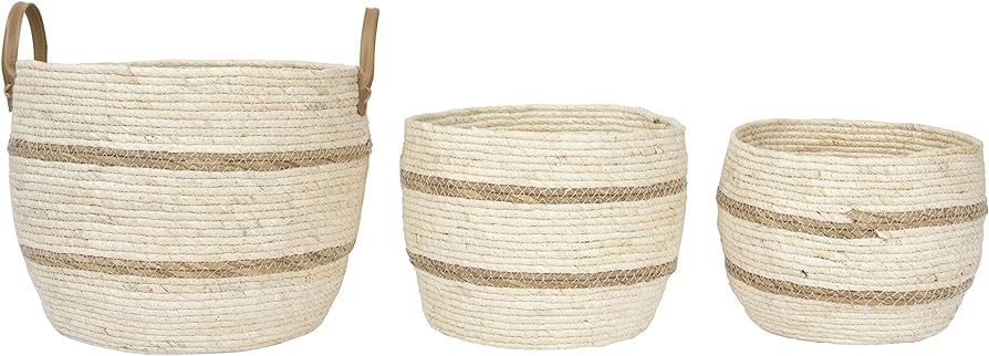 Creative Co-Op Beige & Brown Maize Baskets with Leather Handle (Set of 3 Sizes) Wicker Non-Food Stor | Amazon (US)