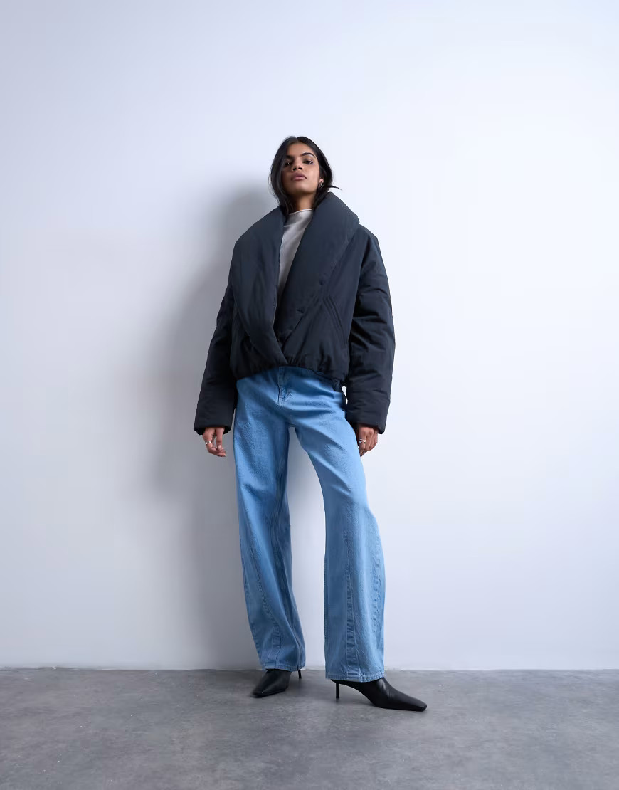 Topshop padded shawl puffer jacket in washed black | ASOS (Global)