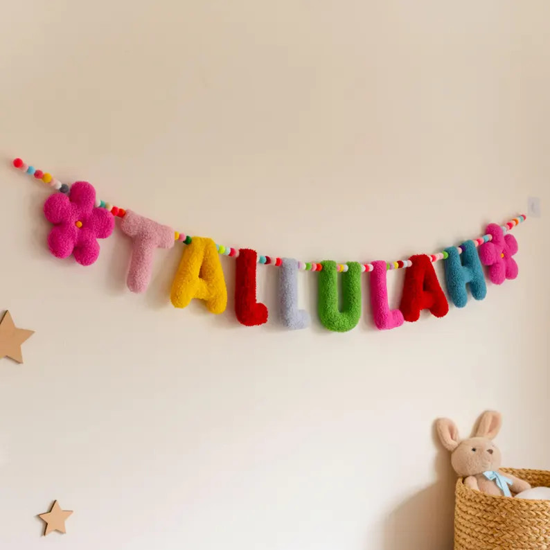 Fabric Name Banner Nursery Personalised Bunting Felt Pom Pom Garland Fabric Letters Baby Play Roo... | Etsy (Global)