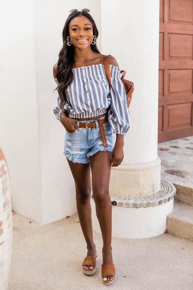 Someday You'll See Stripe Off The Shoulder Navy Blouse | The Pink Lily Boutique