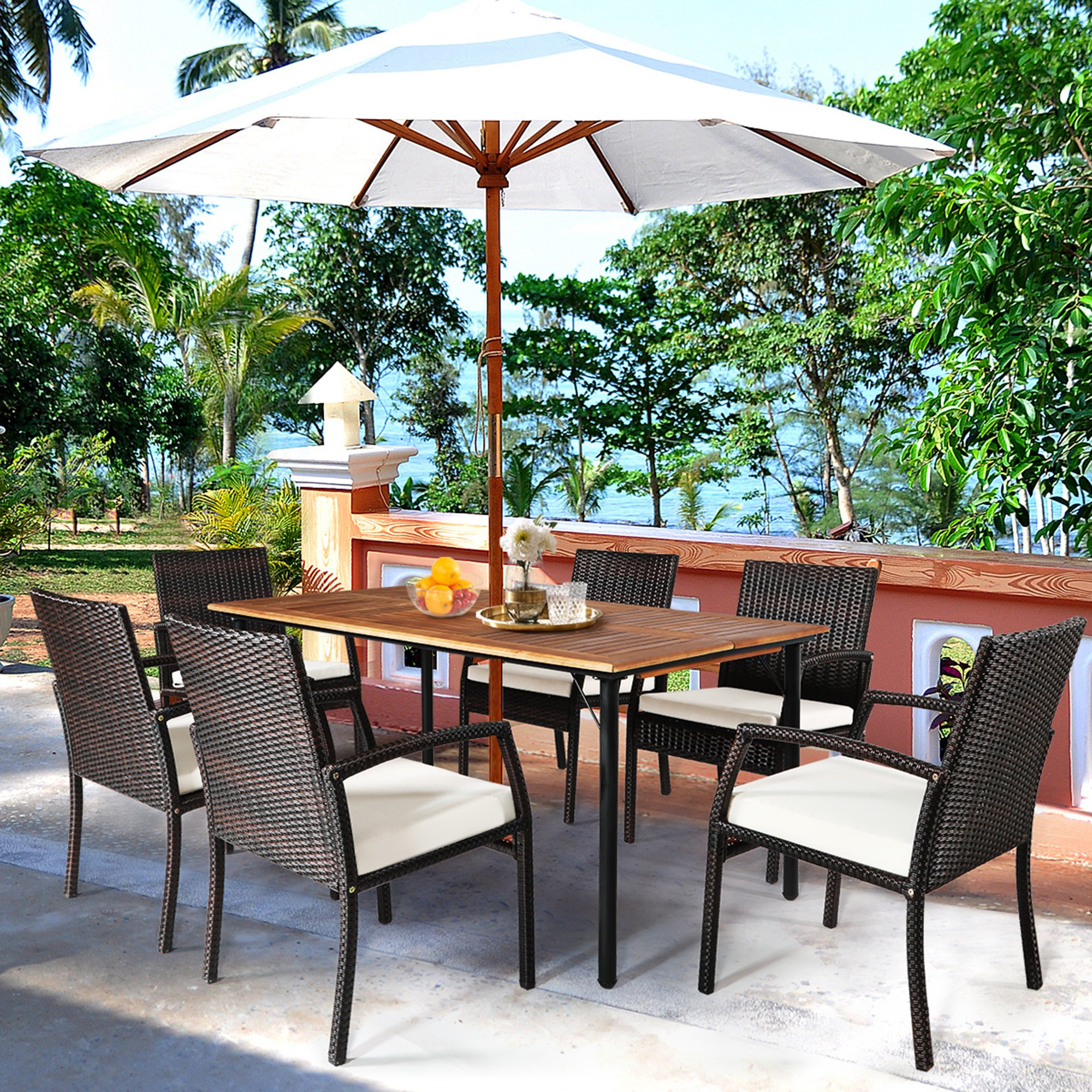 Gymax 7PCS Patio Dining Furniture Set w/ Wooden Tabletop Cushion Umbrella Hole | Walmart (US)