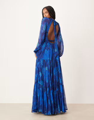 Lace & Beads chiffon balloon sleeve maxi dress in cobalt | ASOS | ASOS (Global)