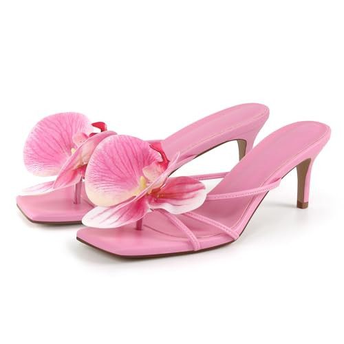 MissHeel Flower Heels for Women Pink Slip On Strappy Heel Backless High-Heel with Flowers Sandals 2.3 inch Mules Floral Shoes Size 9 | Amazon (US)