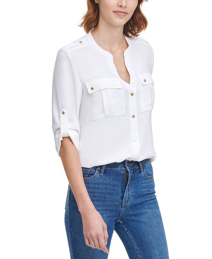 Calvin Klein Textured Roll-Tab Blouse & Reviews - Tops - Women - Macy's | Macys (US)