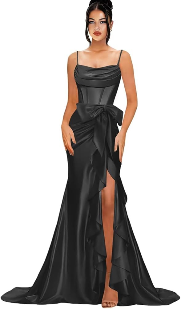 Ruffle Corset Prom Dresses with Bows for Teens 2025 Spaghetti Straps Mermaid Cocktail Dress Long ... | Amazon (US)