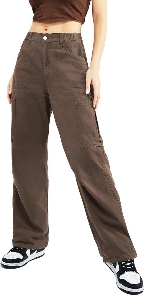 Cargo Pants Women Cotton Wide Leg Casual Hiking Military Army Combat Work Pants with 8 Pockets | Amazon (US)