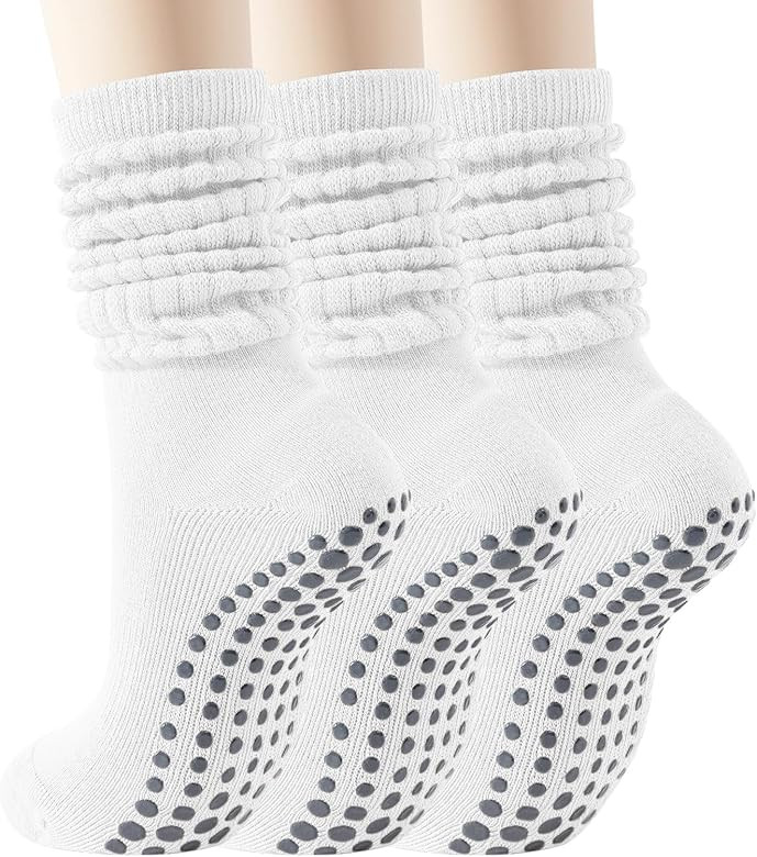 Pilates Socks with Grips for Women, Non Slip Yoga Slouch Socks, 3 Pairs Long Scrunch Socks, Cushi... | Amazon (US)