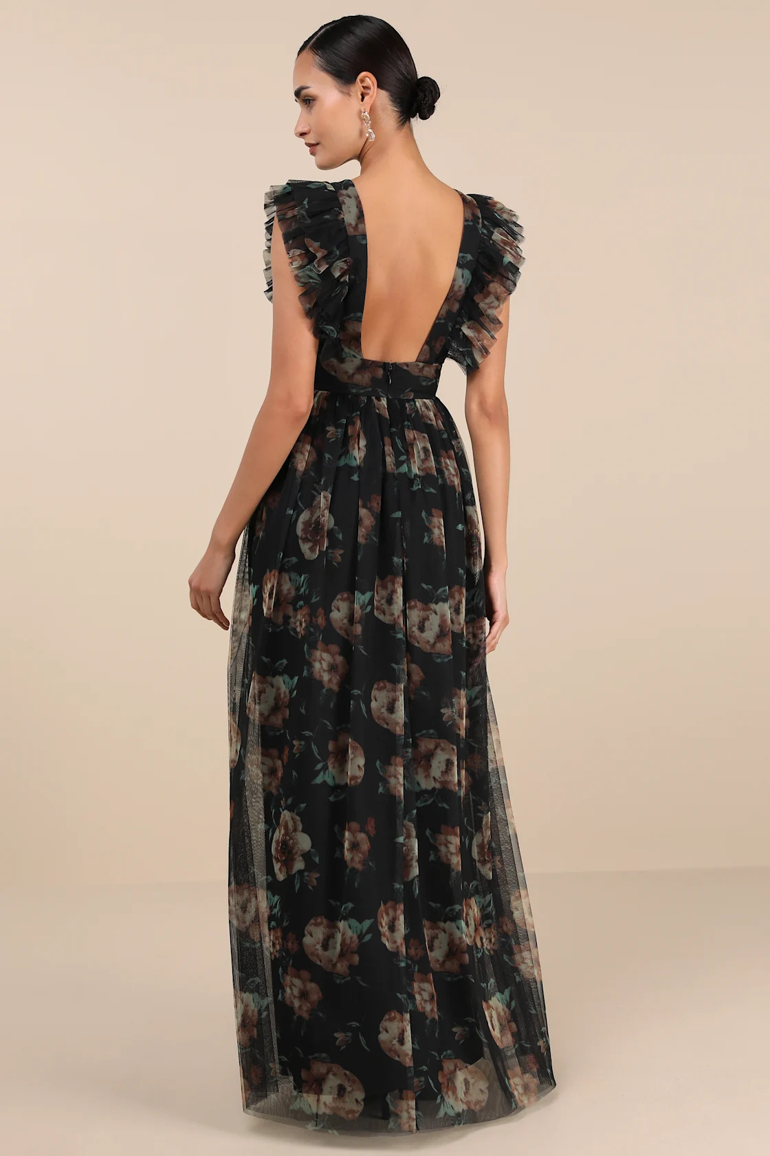 Simply Delighted Black Floral Mesh Ruffled Backless Maxi Dress | Lulus