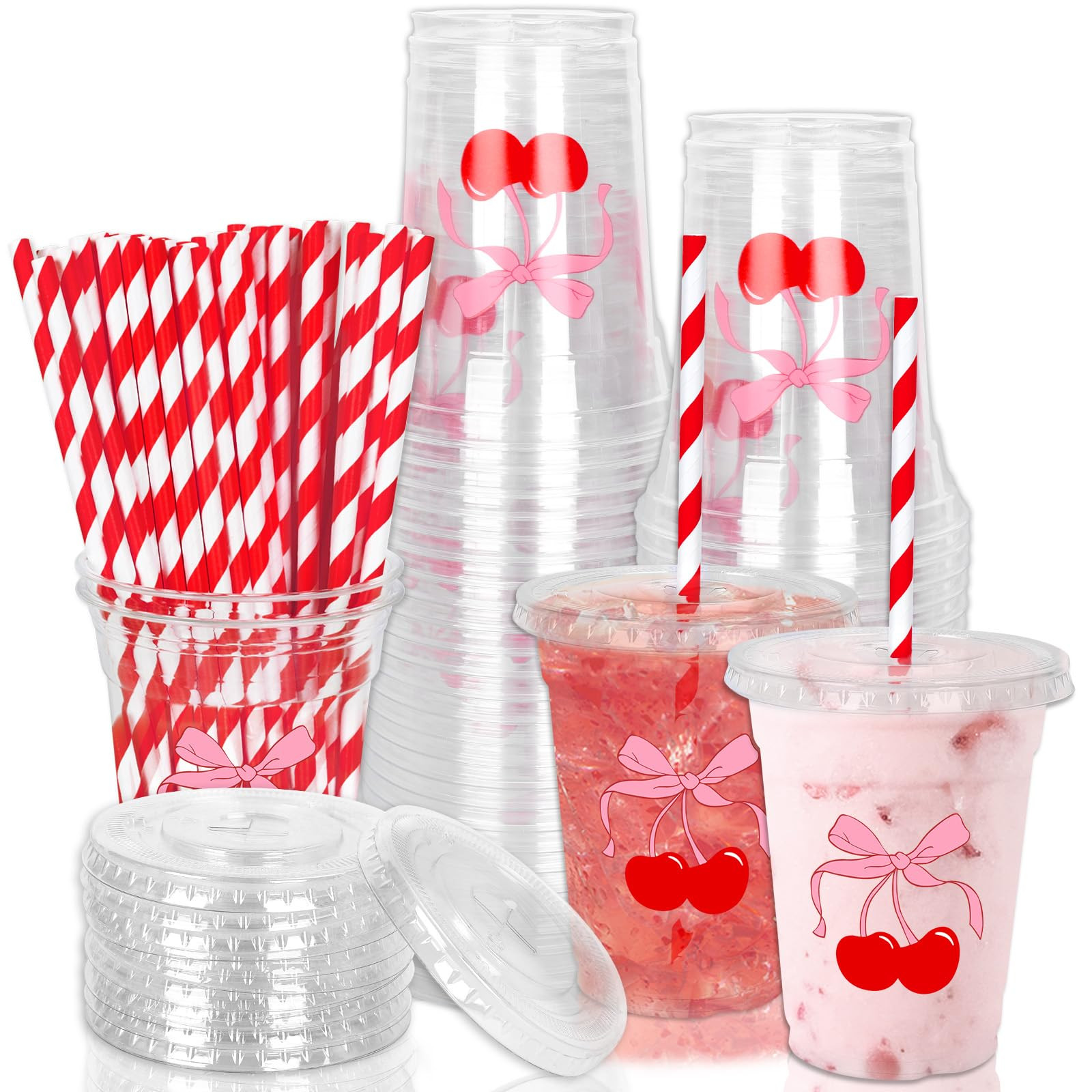 Whaline 50Pcs Cherry Bow Disposable Plastic Cups with Lids and Straws 12Oz Red Pink Cherry Bowkno... | Amazon (US)