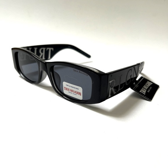 New TRUE RELIGION Slim Embossed Sunglasses Rectangle Wide Leg Logo Black Acetate | Poshmark