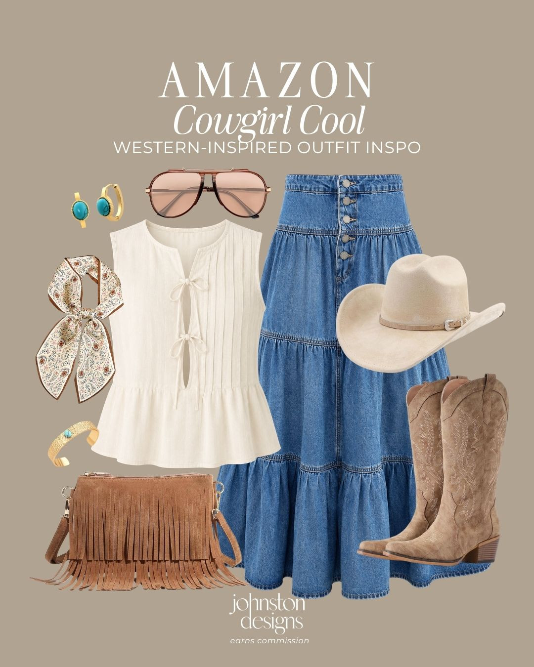 Western-inspired but still easy and wearable. 🤎 This Amazon cowgirl look mixes a denim maxi skirt with a feminine tie-front top, cowboy boots and western accessories for the cutest late summer to fall outfit!

Amazon western outfit, cowgirl outfit ideas, western fashion finds, denim maxi skirt outfit, cowboy boots outfit, rodeo outfit inspo, country concert outfit, western accessories, fall Amazon fashion, Nashville outfit ideas

#amazonfashion #westernstyle #cowgirlstyle #amazonfinds #falloutfit #countryconcert #westernfashion #outfitinspo #amazonstyle 

 #LTKootd