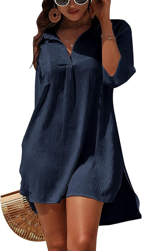 Blooming Jelly Womens Swimsuit Coverups White Chiffon Bikini Swimwear Beach Cover Up Dress Shirt | Amazon (US)