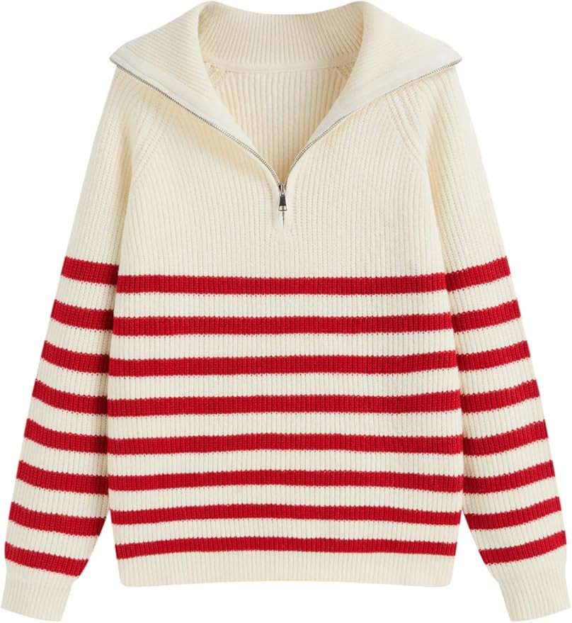 CIDER Women's Striped Quarter Zip Pullover Sweater Mock Neck Knit Fall Fashion Casual Sweater | Amazon (US)