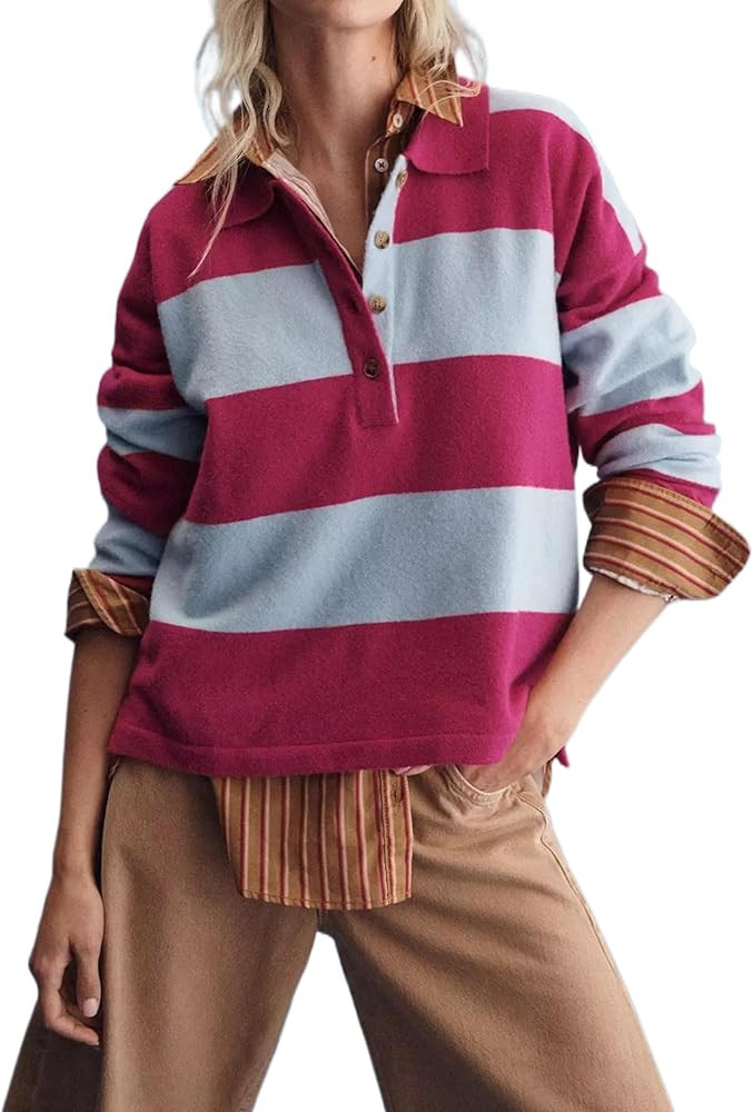 Womens Striped Sweater Shirts Lapel Polo V Neck Long Sleeve Strip Knit Pullover Casual Layer Top ... | Amazon (US)