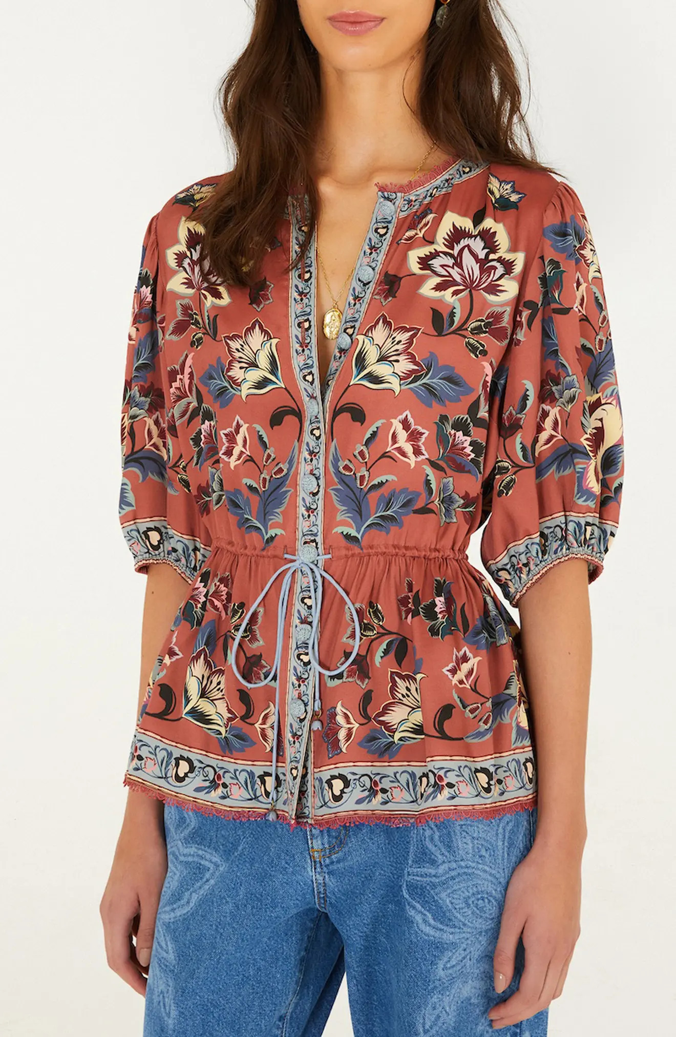 FARM Rio Floral Tapestry Lace Trim Button-Up Shirt (Women) | Nordstrom | Nordstrom