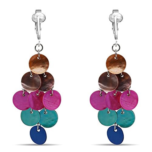 Aloha Earrings Tahitian-Style Abalone Paua Shell Clip On Earrings-Mother of Pearl Shells Authentic Ocean Romantic Shells Holiday, Authentic (Multicolor Mother of Pearl Round Dangle) | Amazon (US)
