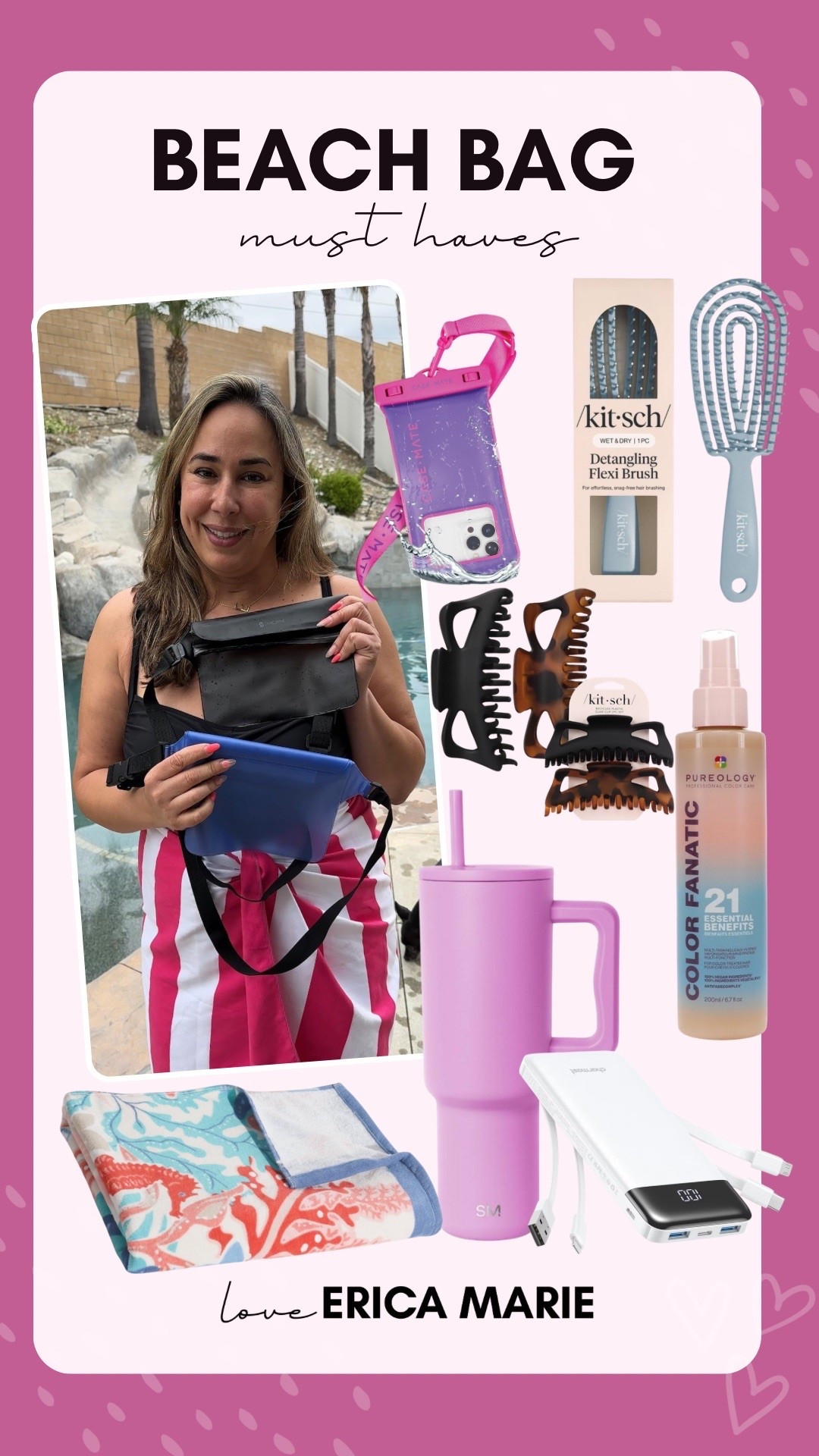 Packing my beach bag with all the essentials: a water bottle, hair clips, detangling spray and brush, oversized towels, waterproof phone case and portable charger and the best waterproof belt bag to my valuables close to me and safe. 
Beach bag, summer trip

#LTKOver40 #LTKBeauty #LTKTravel