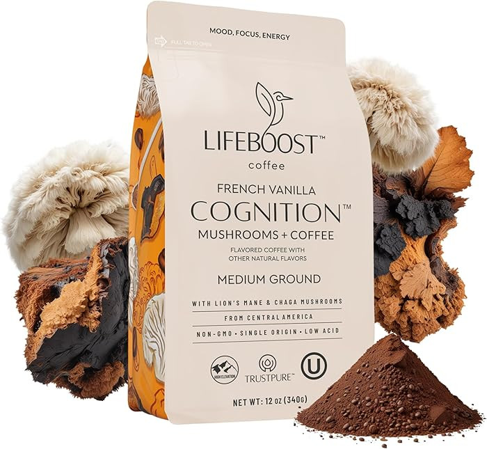 Lifeboost French Vanilla Cognition Mushroom Coffee - Low Acid Medium Organic Coffee with Nootropi... | Amazon (US)