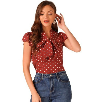 INSPIRE CHIC Women's Polka Dots Tie V Neck Flutter Cap Sleeve Blouse Large Red | Target