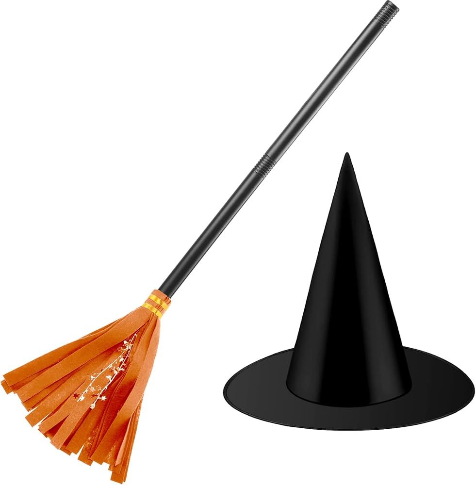 Halloween Witch Broomstick Costume Accessories Wizard Flying Felt Broom and Black Witch Hat for K... | Amazon (US)