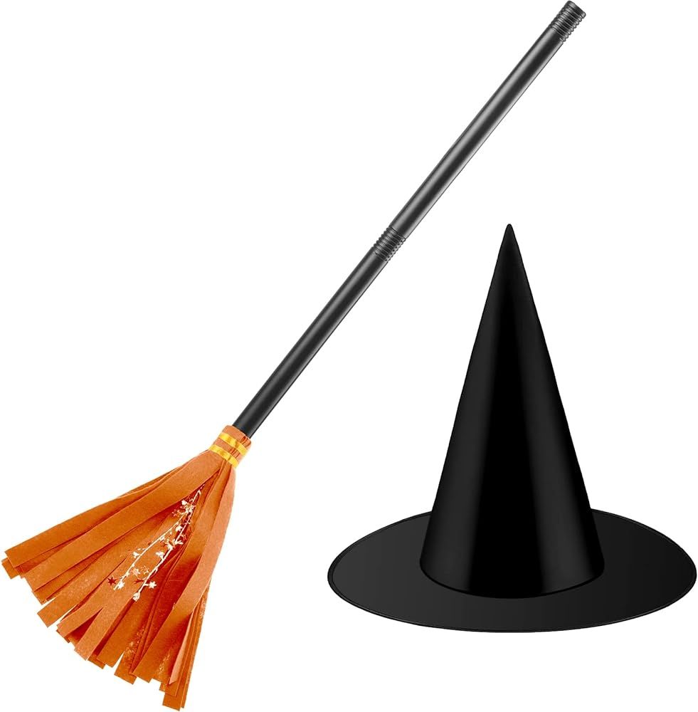 Halloween Witch Broomstick Costume Accessories Wizard Flying Felt Broom and Black Witch Hat for Kids | Amazon (US)