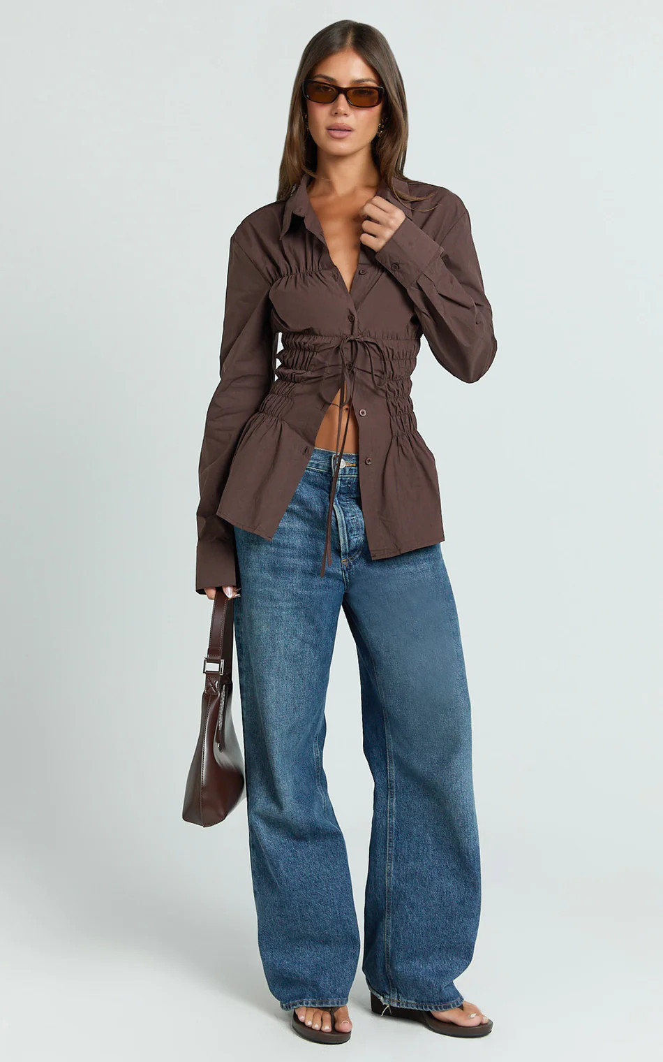 Cody Shirt - Ruched Detail Scrunch Shirt in Chocolate | Showpo (ANZ)