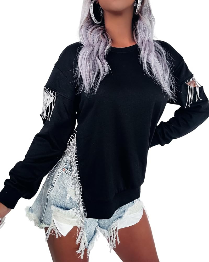 Womens Rhinestone Fringe Top Casual Long Sleeve Pullover Crewneck Sweatshirts | Amazon (US)