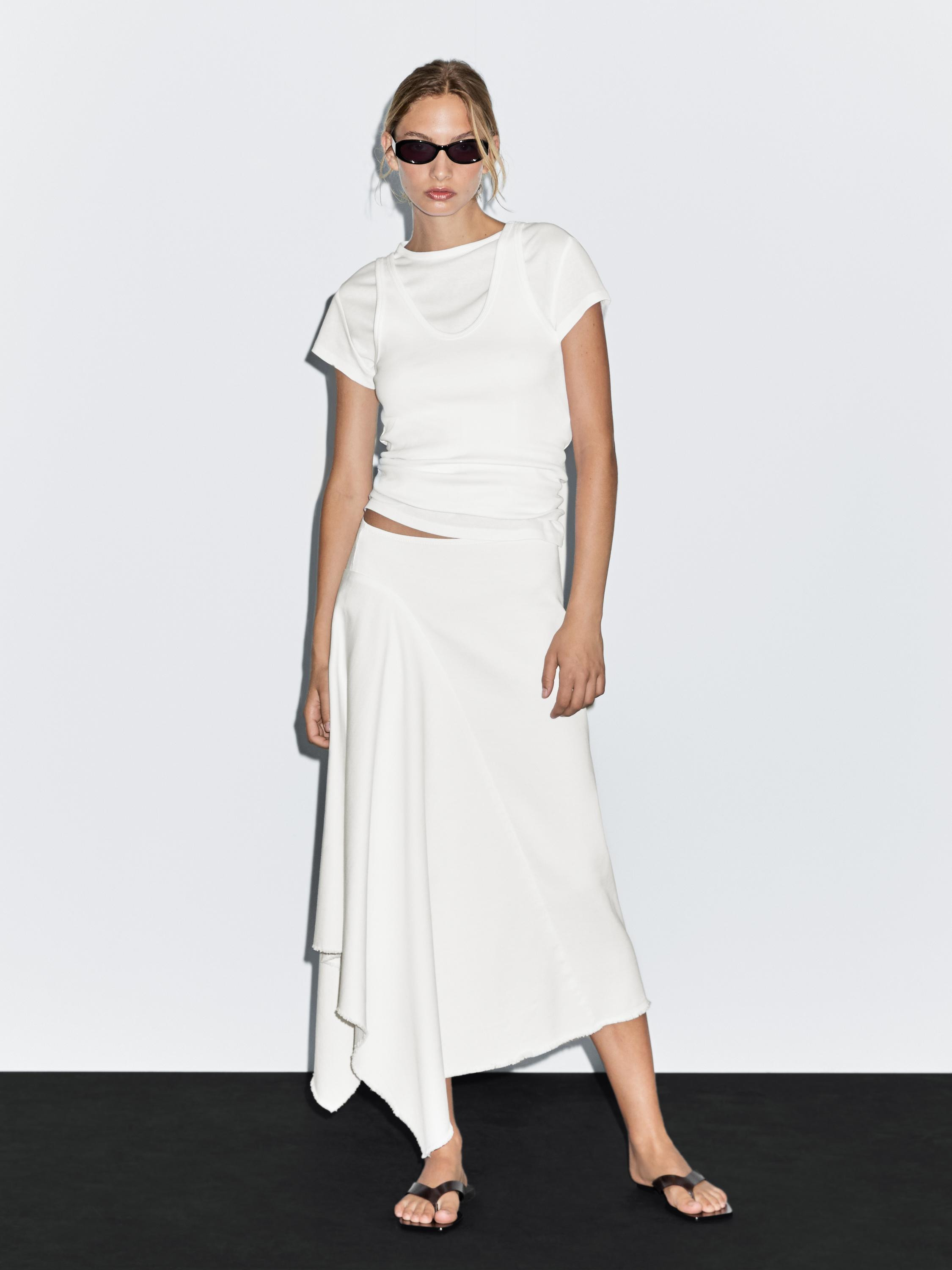 Asymmetric denim midi skirt | Massimo Dutti UK