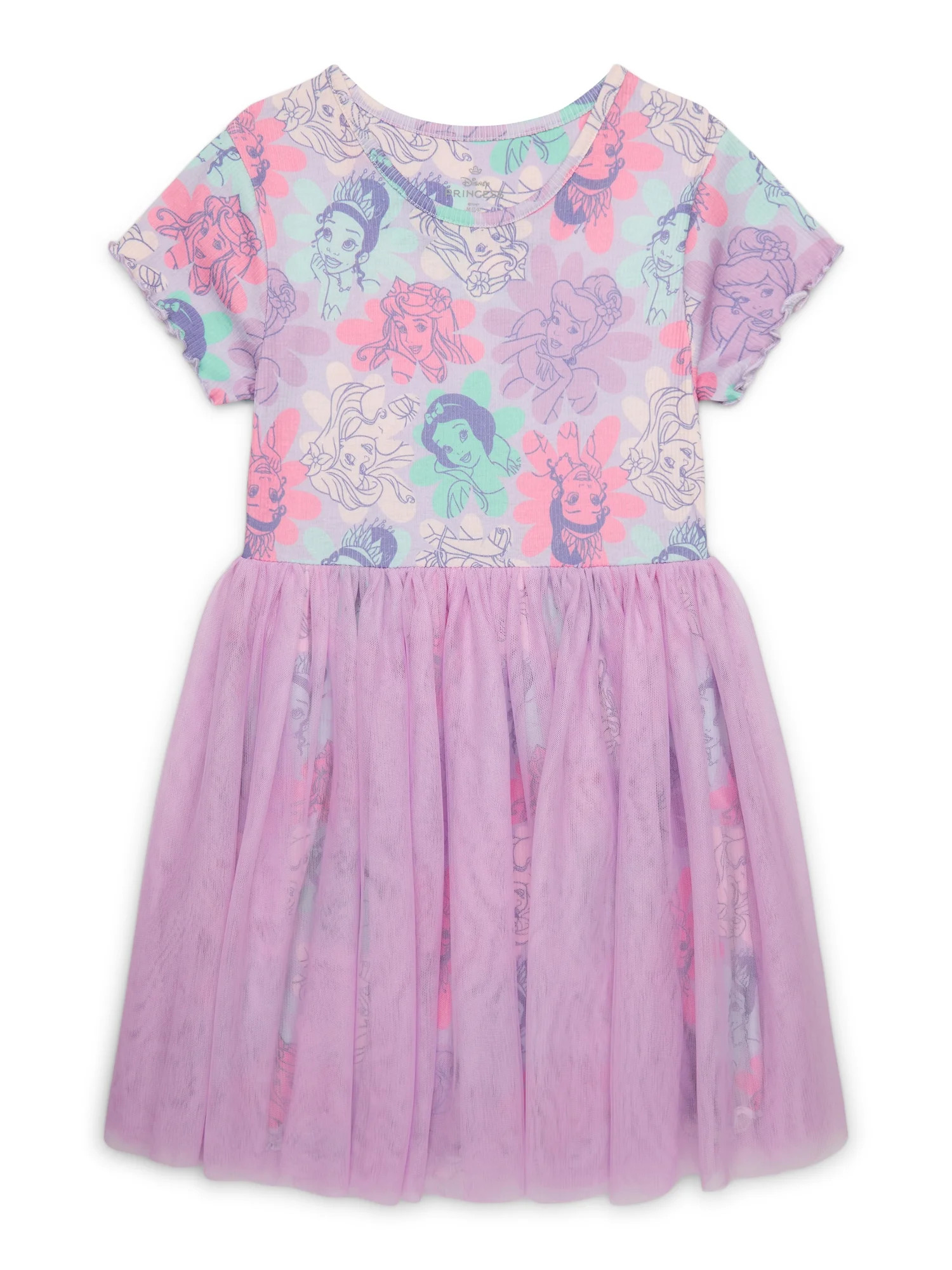 Disney Princess Girls All Over Print Tulle Dress with Short-Sleeves, Sizes 4-12 | Walmart (US)