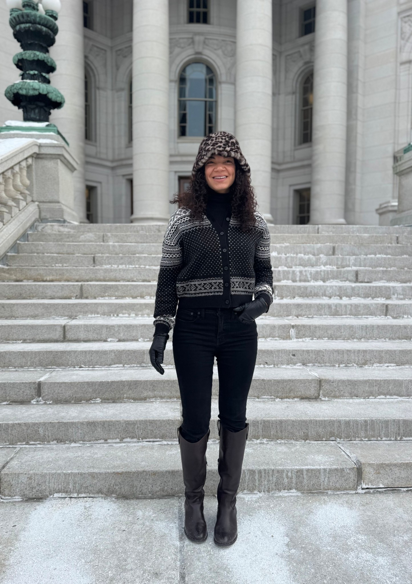 Winter outfit: turtleneck, fair isle cardigan, jeans (these are kick crop jeans I folded over to be skinny), riding boots, faux fur hat 

#LTKootd #LTKSeasonal
