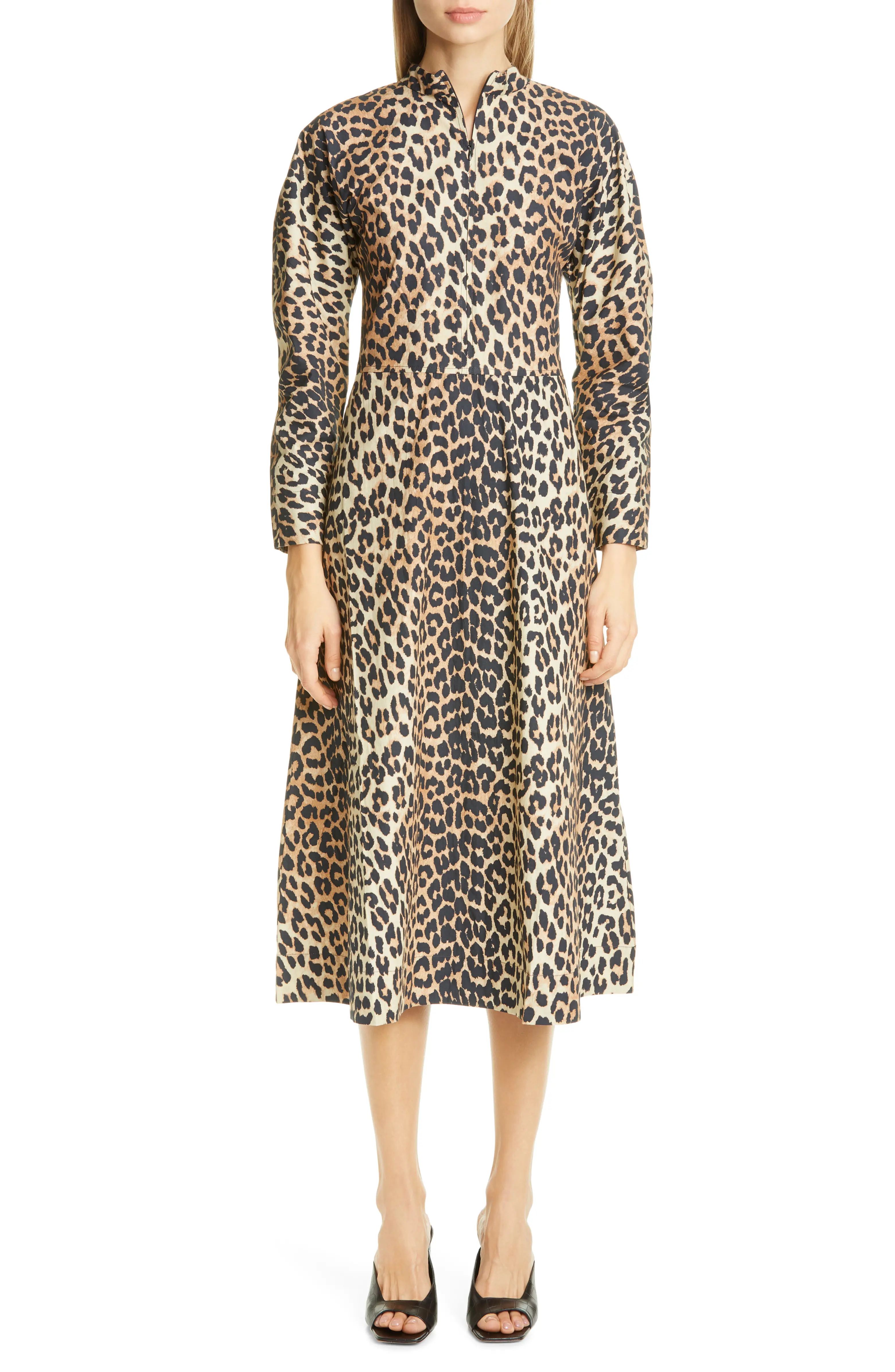 Leopard Print Long Sleeve Poplin Midi Dress | Nordstrom