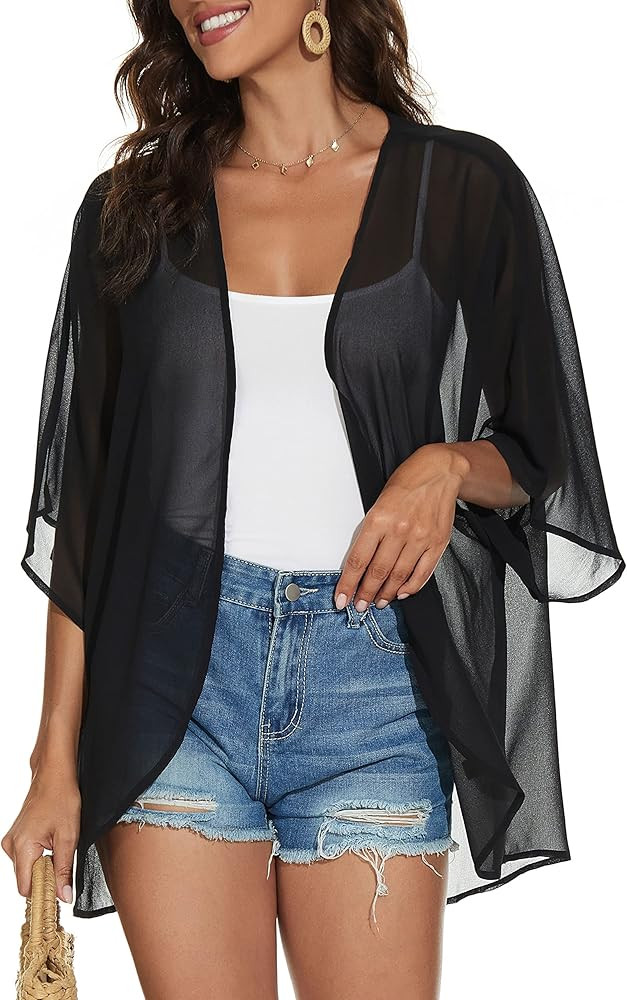 Women's Floral Print Puff Sleeve Kimono Cardigan Loose Cover Up Casual Blouse Tops | Amazon (US)