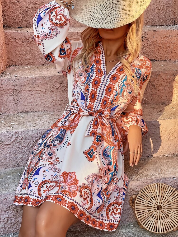 Paisley Print Lantern Sleeve Belted Dress | SHEIN