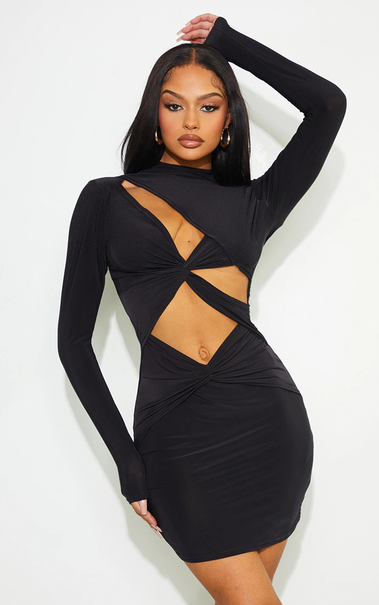 Black Slinky Cut Out Chest Twist Detail Bodycon Dress | PrettyLittleThing US