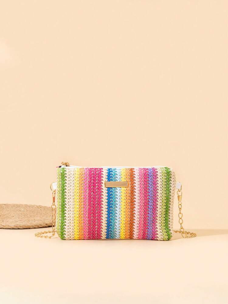Small Straw Bag Colorblock Striped Pattern Metal Decor
       
              
              $4.40... | SHEIN