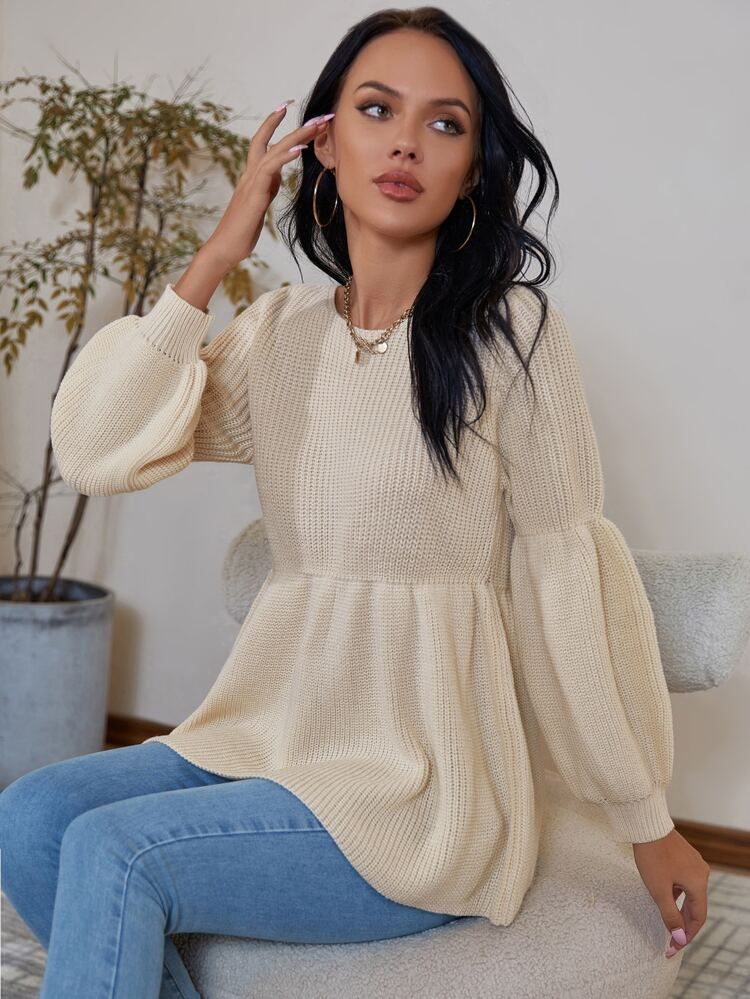 Ribbed Knit Gathered Sleeve Peplum Sweater | SHEIN