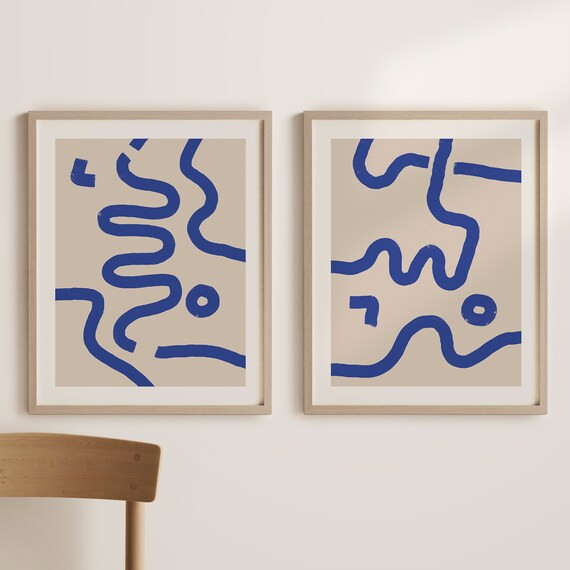 Abstract Art Print Set of 2 Blue and Beige Wall Art Royal | Etsy | Etsy (US)