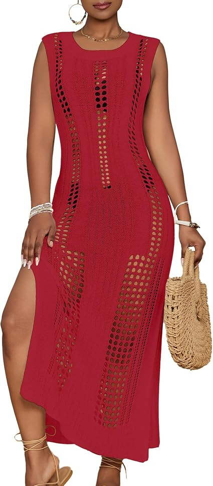Bsubseach Womens Crochet Beach Cover Ups Sleeveless Swimsuit Dress | Amazon (US)