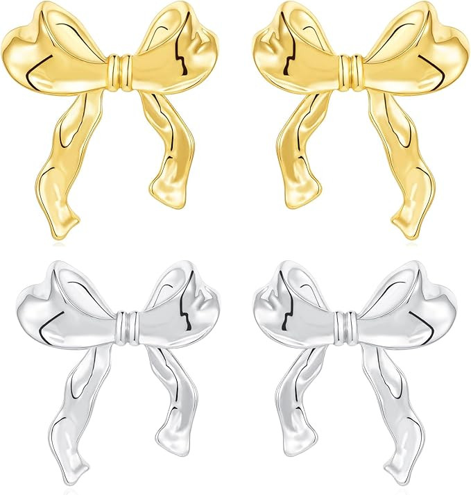 Rajputana 925 Sterling Silver Bow Earrings for Women Gold Silver Bow Ribbon Stud Earrings Cute Ch... | Amazon (UK)