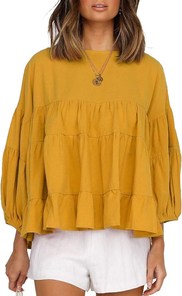 Tivanna Women Lantern Sleeve Blouse Babydoll Top Loose Peplum T-Shirt Keyhole Back Shirt | Amazon (US)