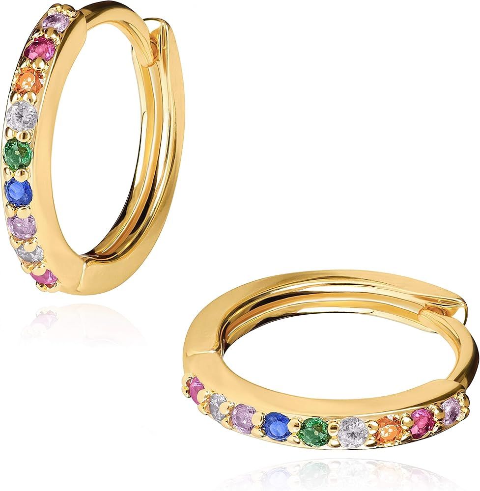 LAVLA Rainbow Hoop Earrings for Women Teen Girls | 18k Gold Plated Rainbow Crystal Stud Earrings | Amazon (US)