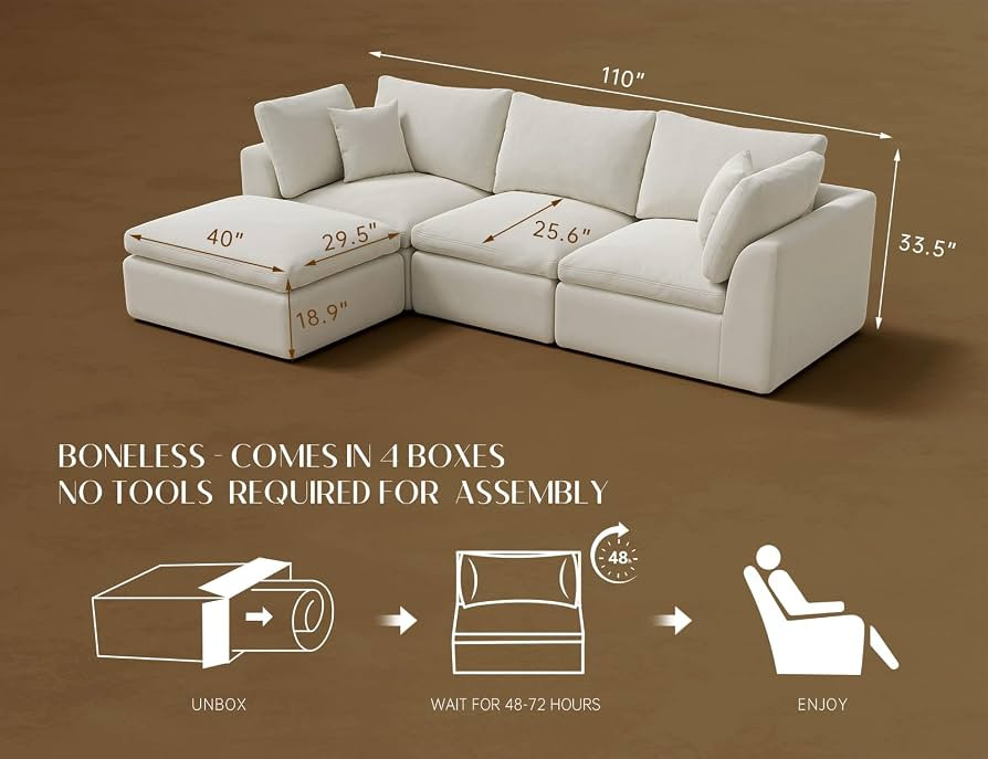 ohllob 110" Cloud Sectional Couches for Living Room, Convertible L-Shape Couch with Ottoman, 3 Se... | Amazon (US)