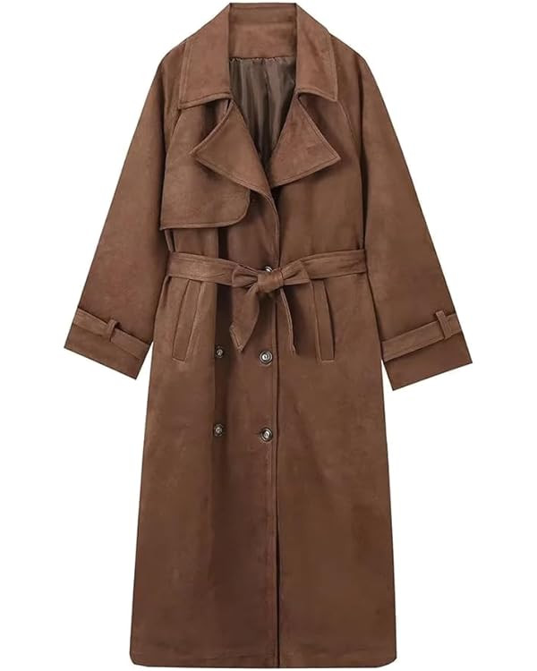 Womens Faux Suede Trench Coat Long Suede Leather Jacket Double Breasted Pea Coat with Belt | Amazon (US)
