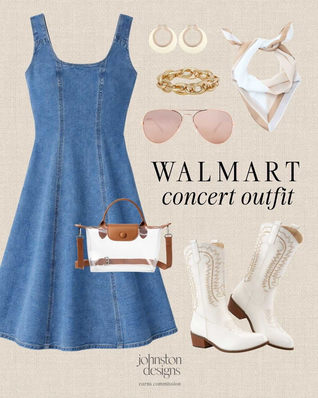 Walmart country concert outfit. 👢 This denim dress + cowboy boots combo is such an easy go-to! Just add a bandana and gold accessories for that effortless western vibe.

Walmart outfit idea, denim mini dress, white cowboy boots outfit, country concert outfit, western style look, clear stadium bag outfit, summer concert outfit, southern style fashion, casual western outfit, affordable outfit find, outfit inspo, styled look, stagecoach. 

 #LTKFestival #LTKootd