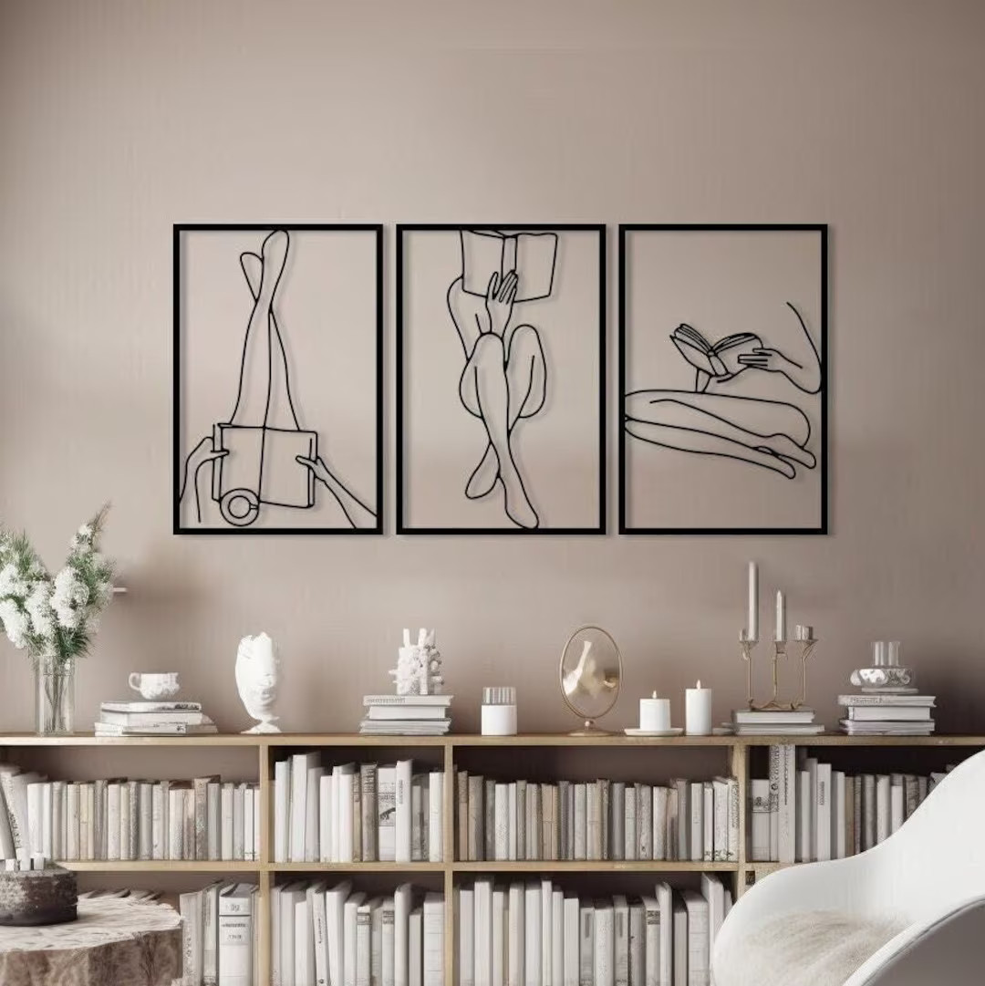 Set of 3 Bookish Metal One Line Art, Bookish Art, Woman Reading Book, Library Decor, Book Lover G... | Etsy (US)