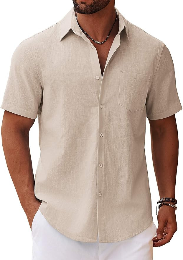COOFANDY Men's Button Down Short Sleeve Shirt Casual Cotton Summer Beach Linen Wedding Shirts wit... | Amazon (US)