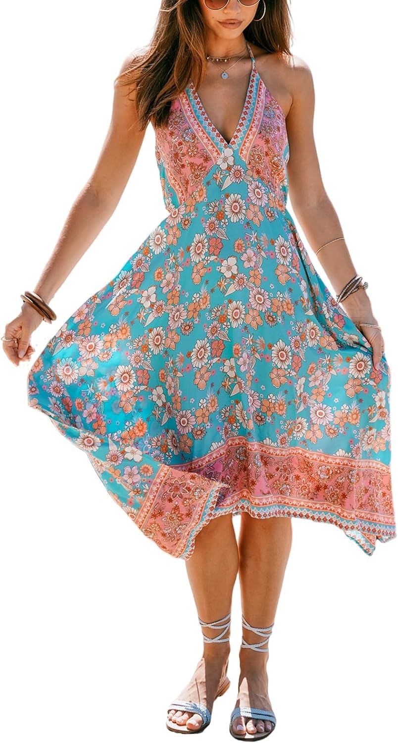 CUPSHE Women's Floral Midi Dress Plunging V Neck Asymmetrical Hem Smocked A Line Long Casual Summ... | Amazon (US)